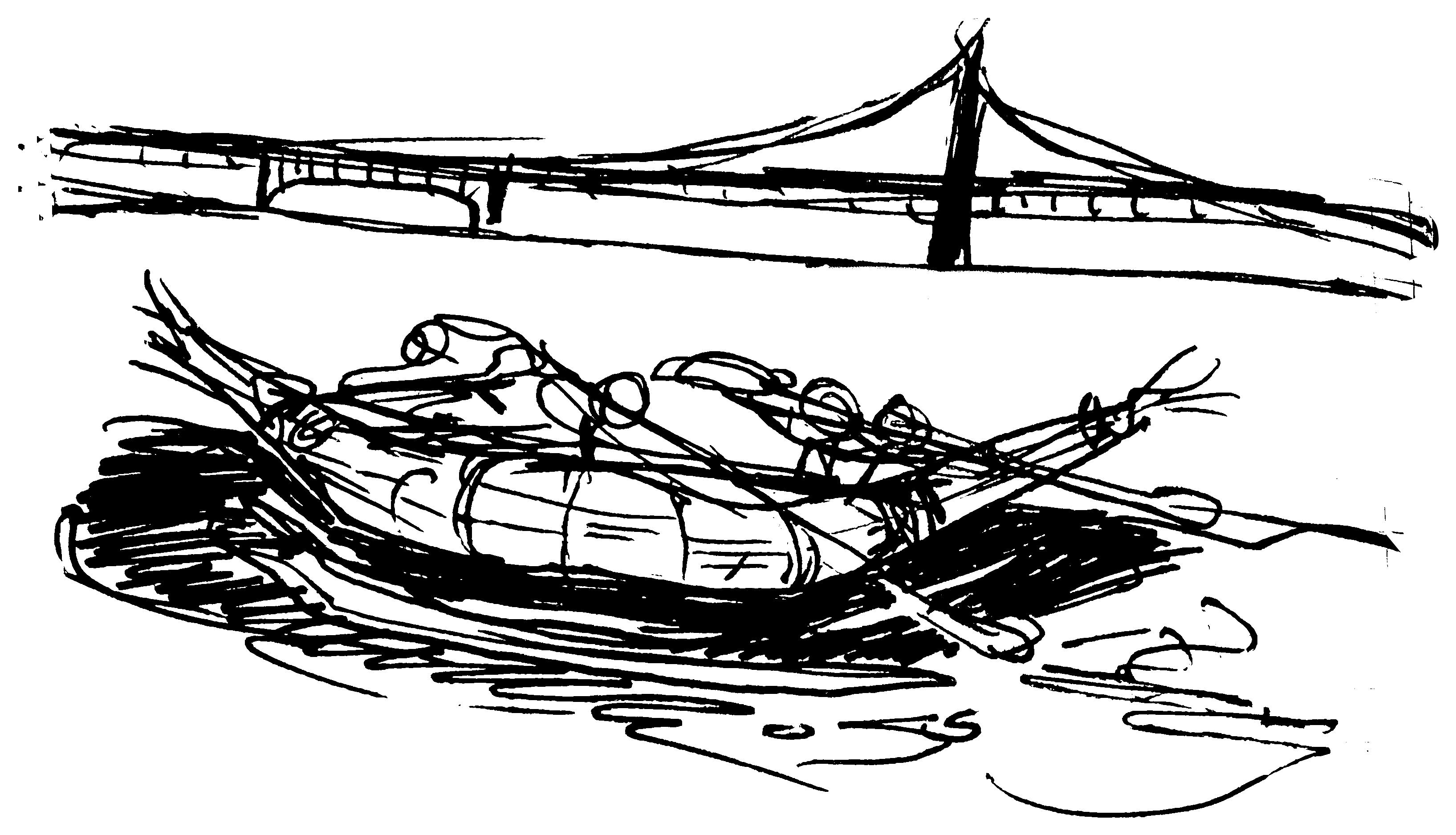 A line drawing of a bridge over the bay and a tule reed boat, referencing Ohlone watercraft.